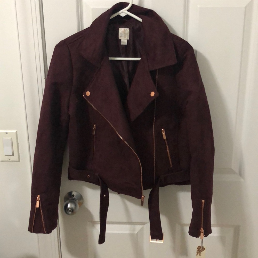 Faux suede Moto jacket deep plum with rose gold